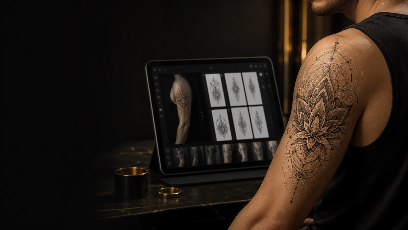 AI tattoo try-on preview on an upper arm in a professional tattoo studio