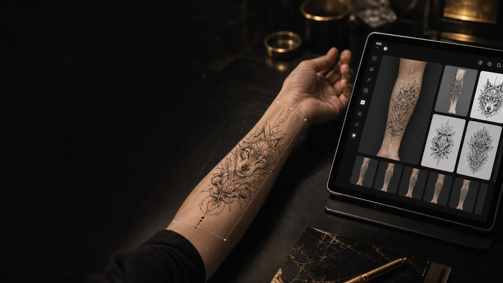 AI tattoo generator workstation with a realistic forearm placement preview