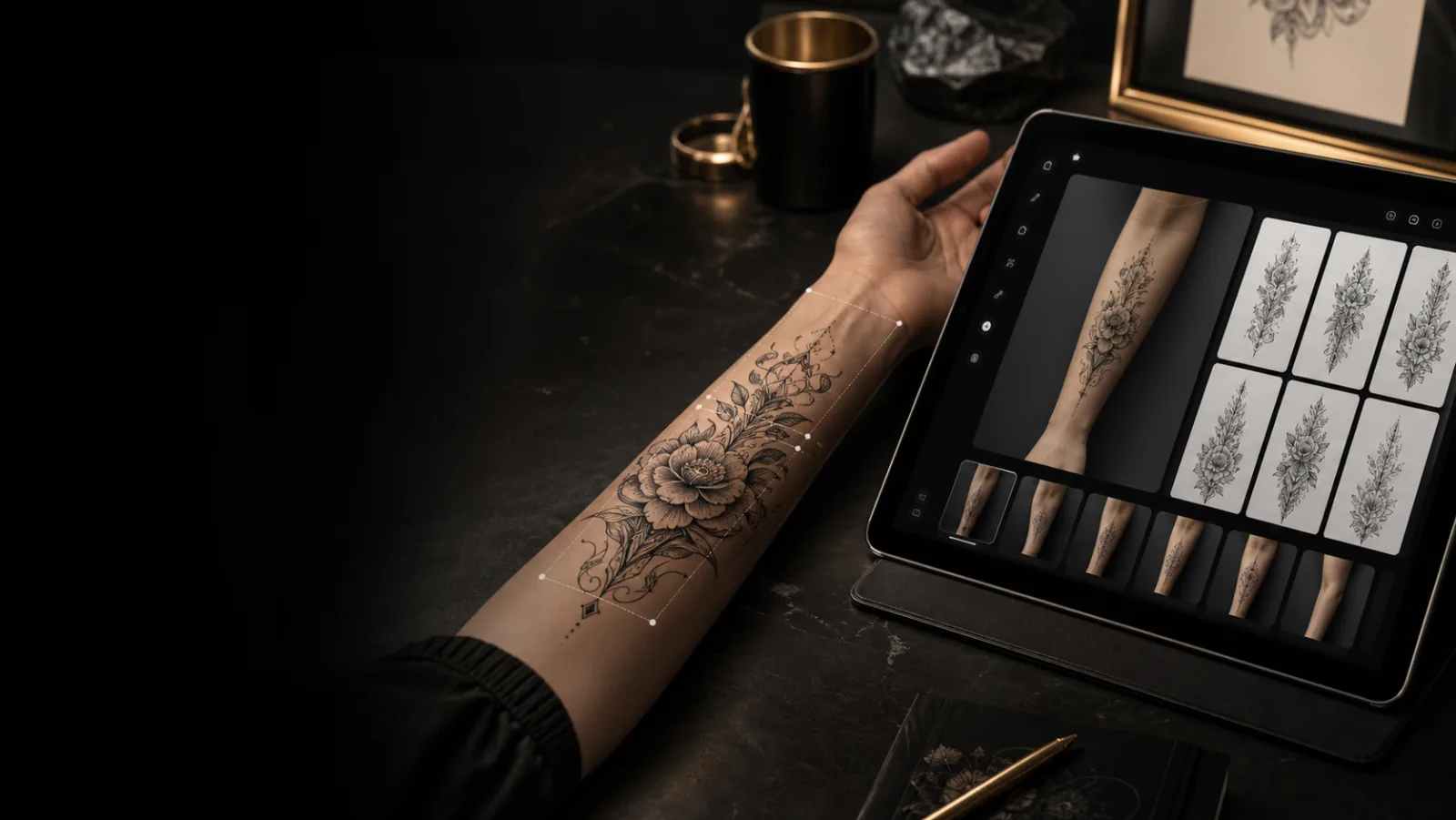 AI tattoo virtual try-on preview on a forearm with design concepts nearby