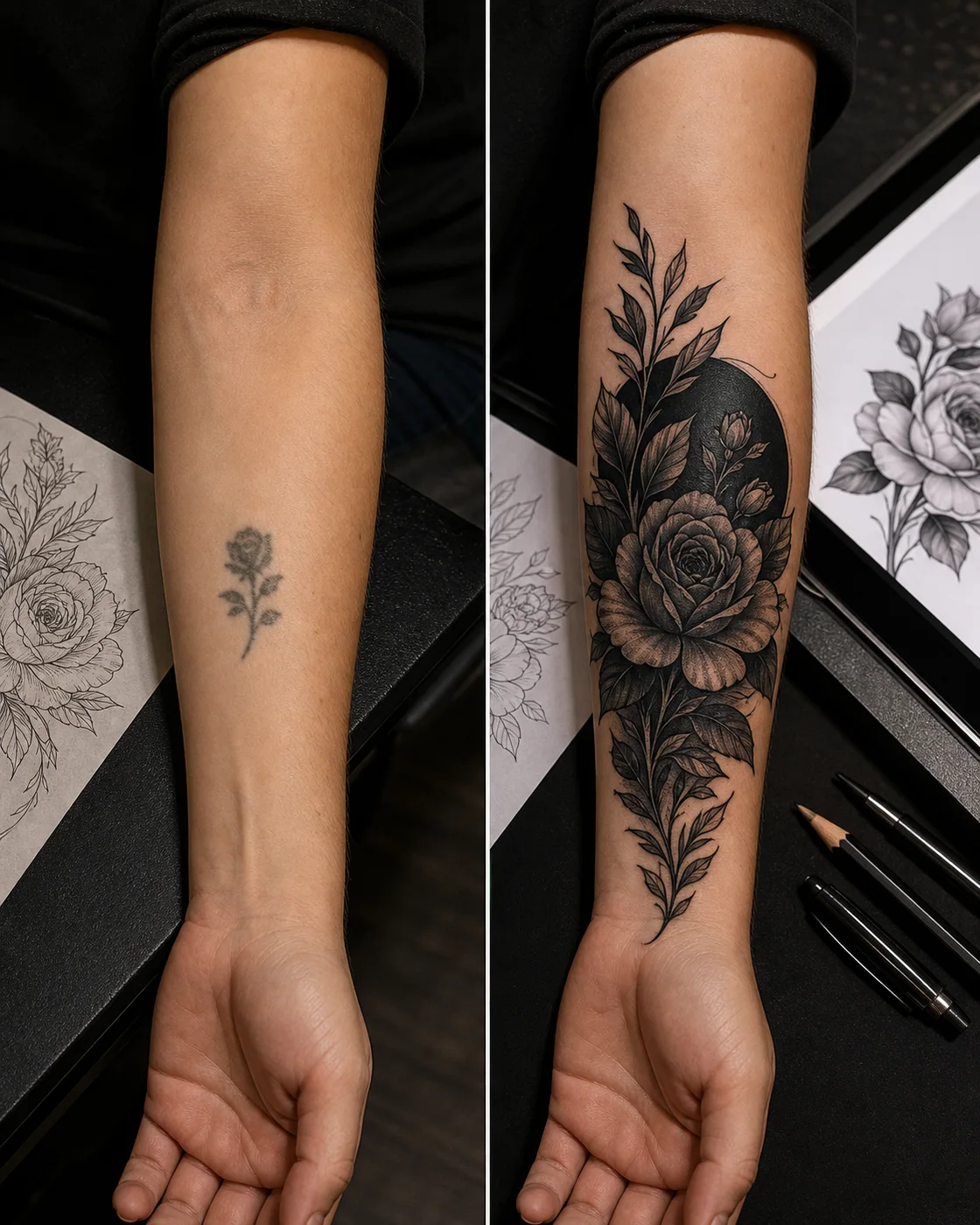 Cover-up tattoo planning comparison with old ink and new floral blackwork