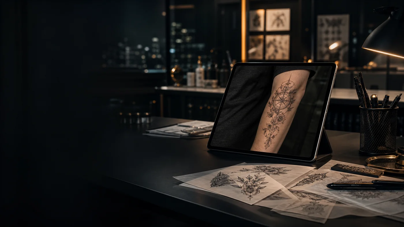 AI tattoo planning studio with tablet placement preview and stencil sheets