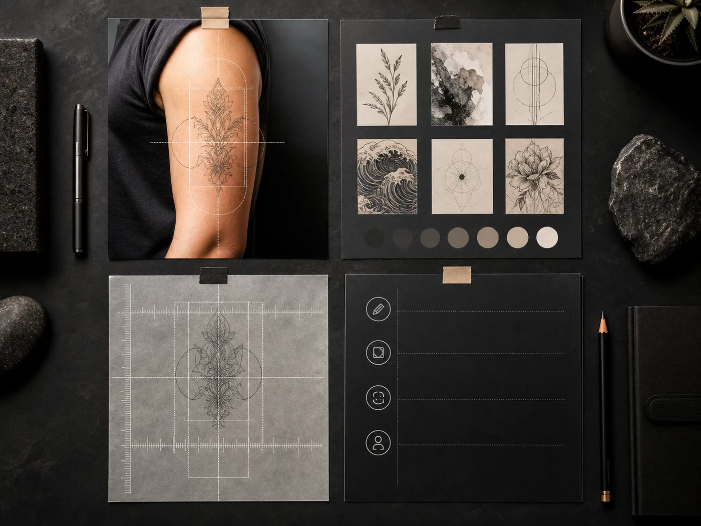 Tattoo planning board with placement, style, scale, and consultation notes