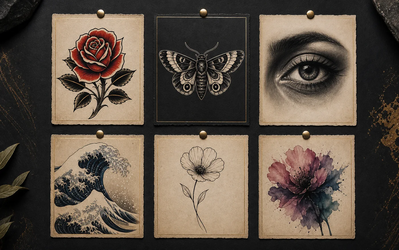 Tattoo style matrix with traditional, blackwork, realism, Japanese, minimalist, and watercolor flash