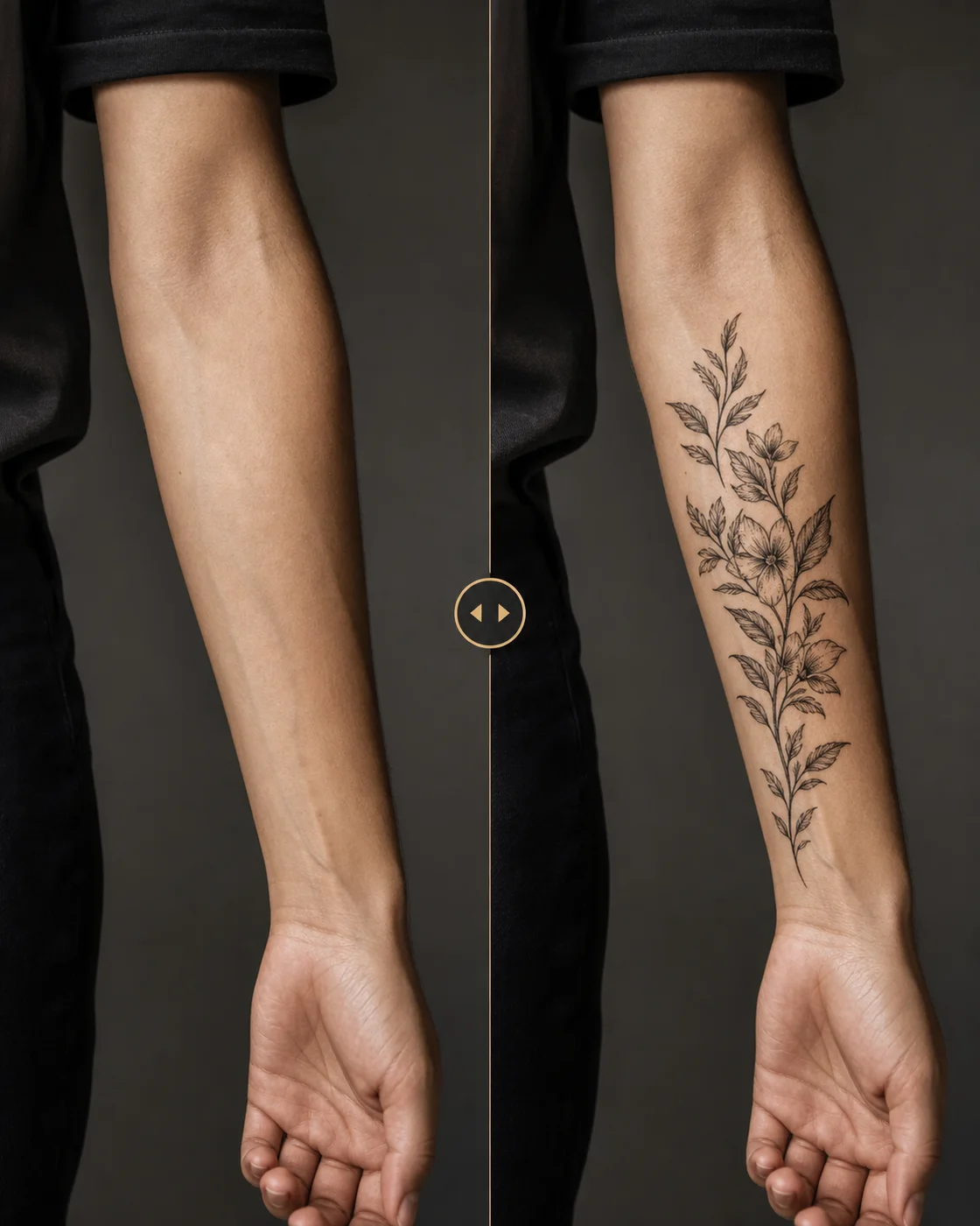 Virtual tattoo try-on before and after comparison on a forearm