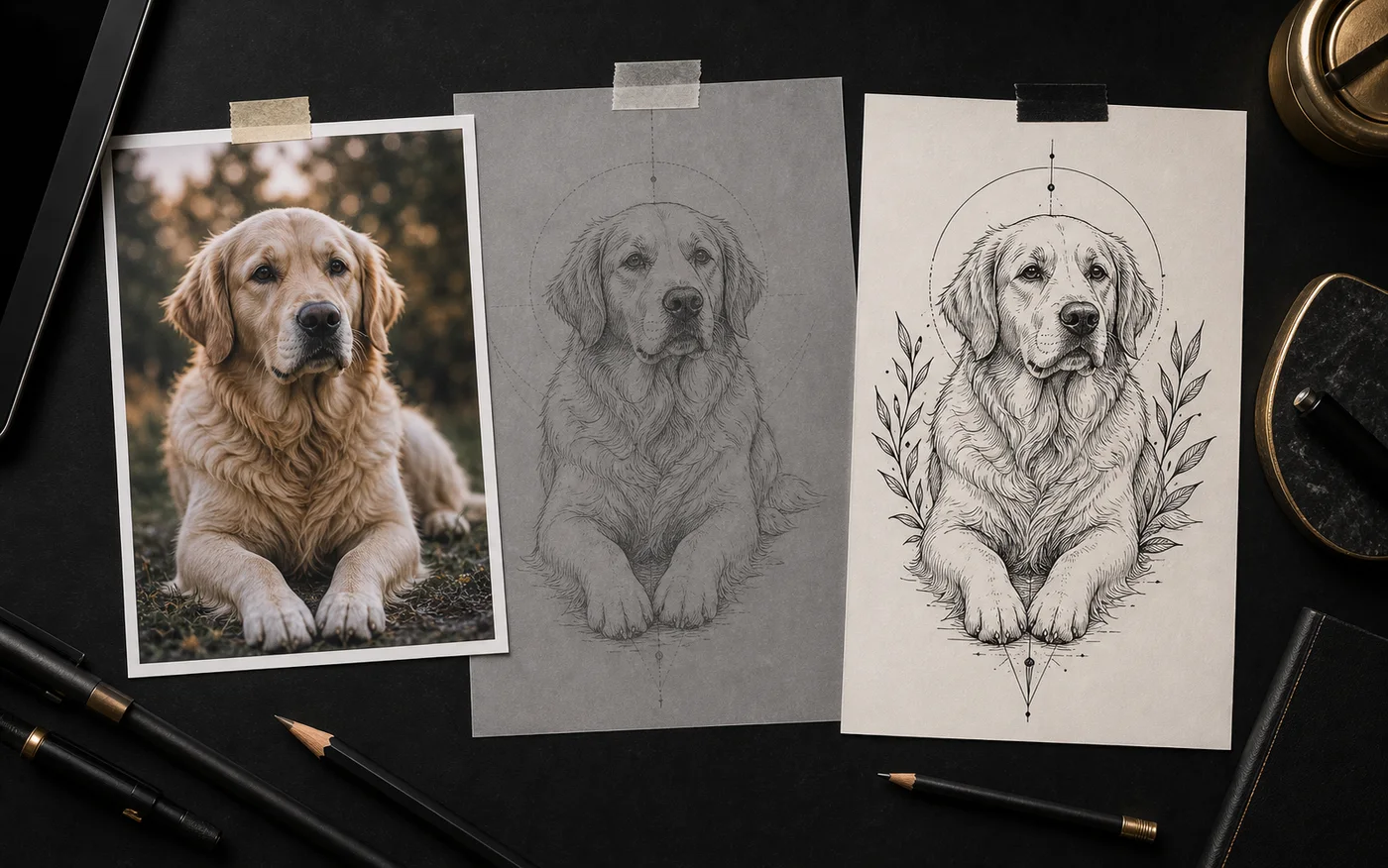 Photo reference converted into a tattoo-ready line art concept