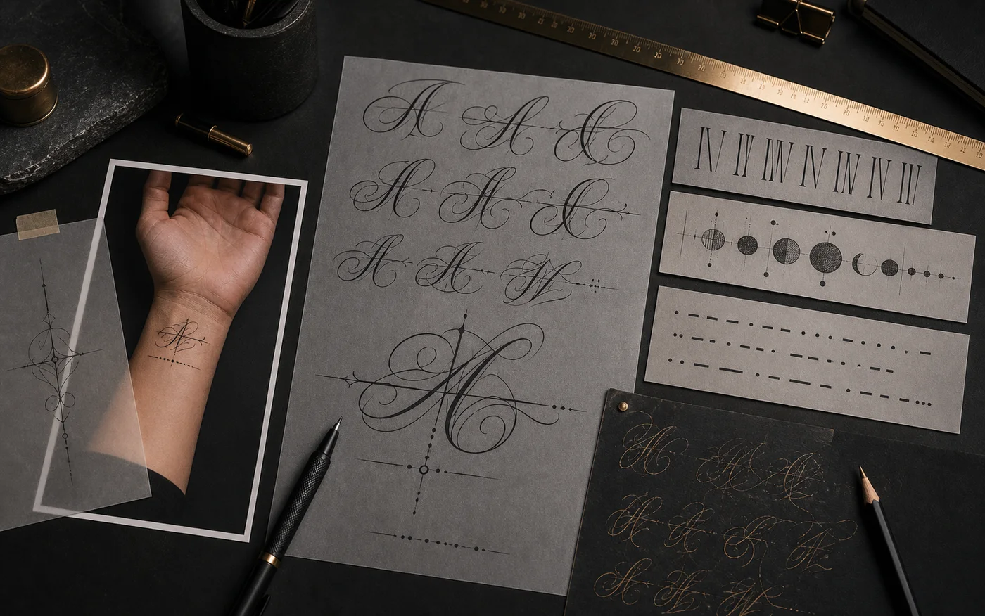 Minimal tattoo lettering and dot-dash planning references