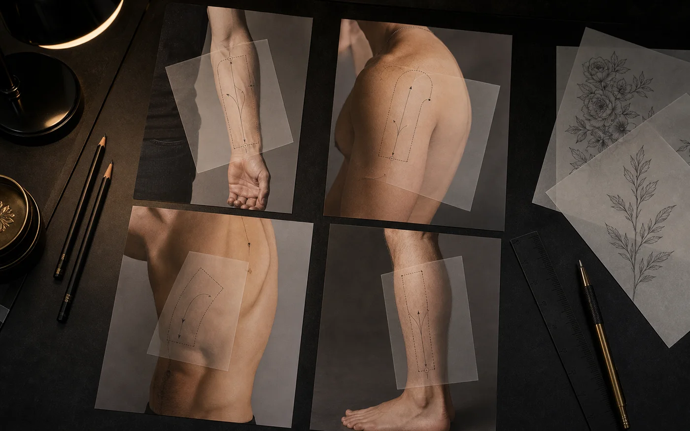 Tattoo placement planning references for forearm, shoulder, ribs, and calf