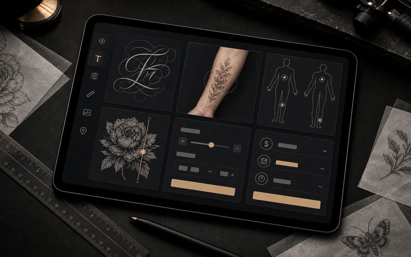 Tattoo planning toolkit interface with references and ruler