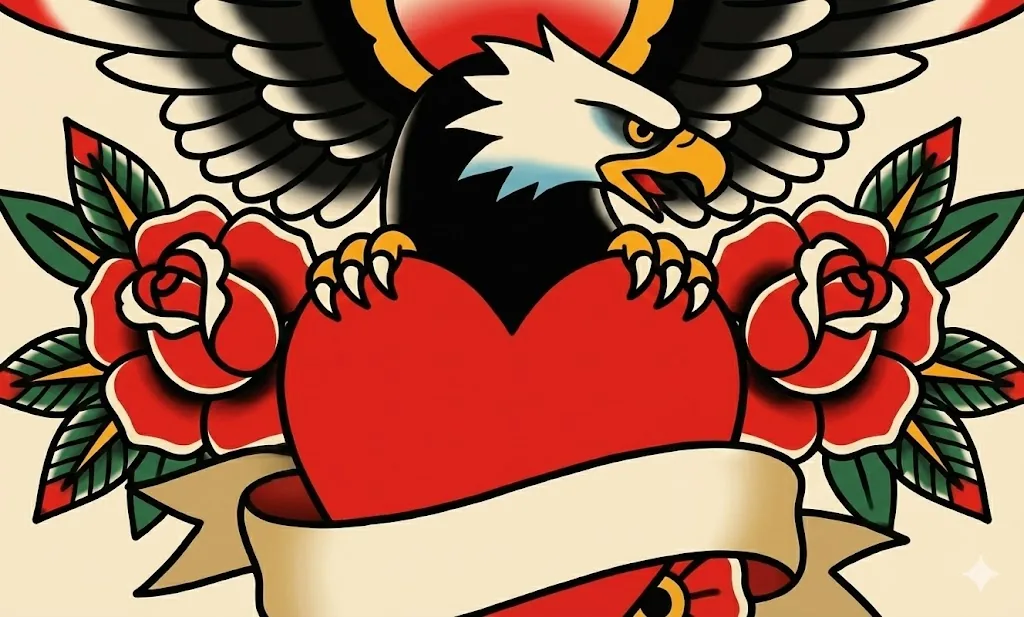 Traditional tattoo style with bold color and linework