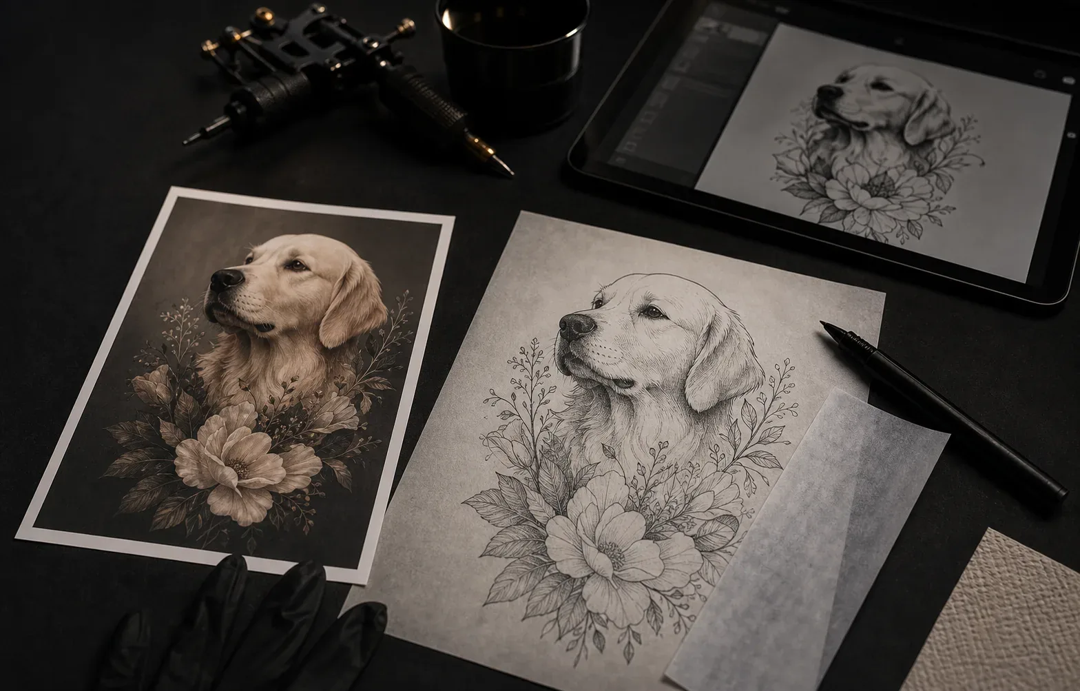 Photo reference converted into tattoo stencil planning