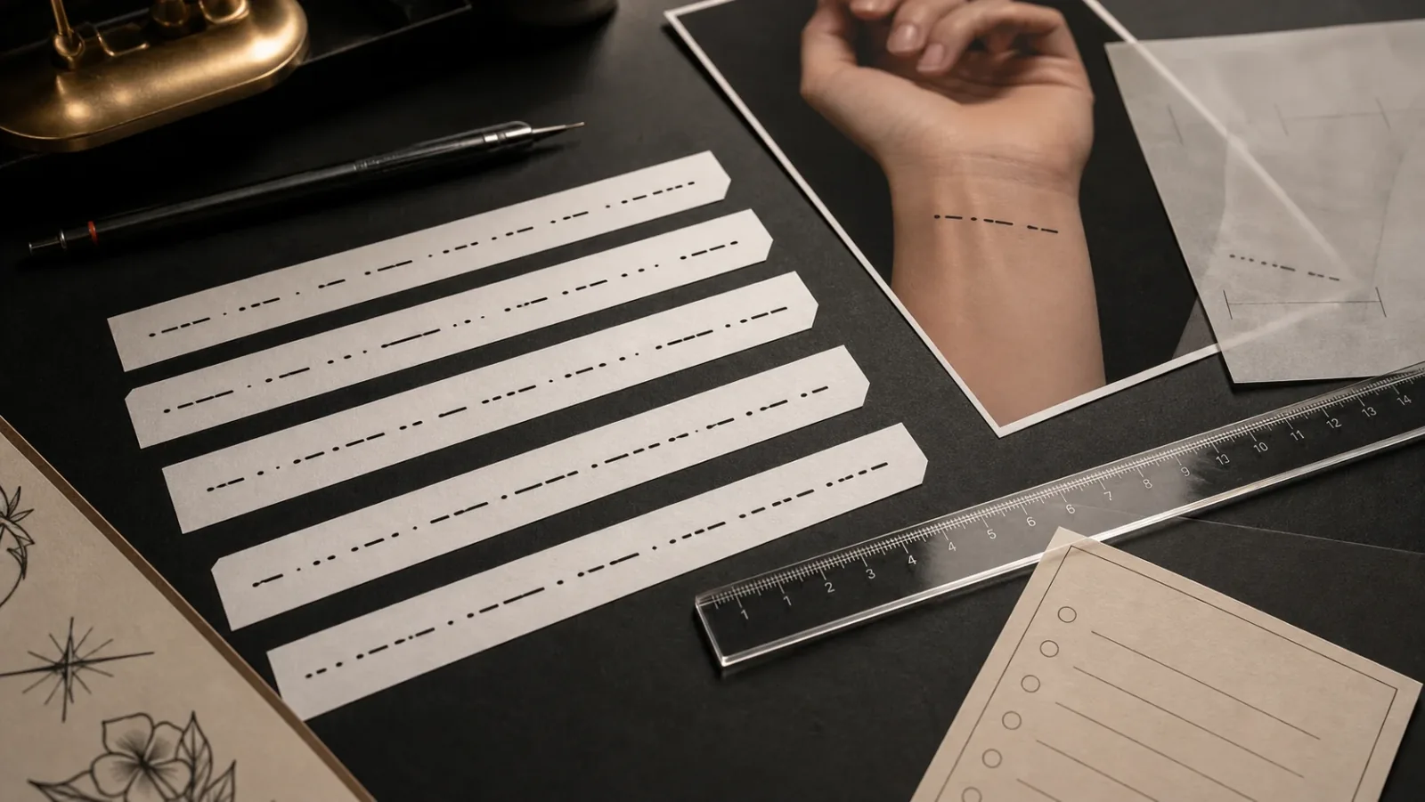 Morse code tattoo dot dash spacing guide on stencil strips