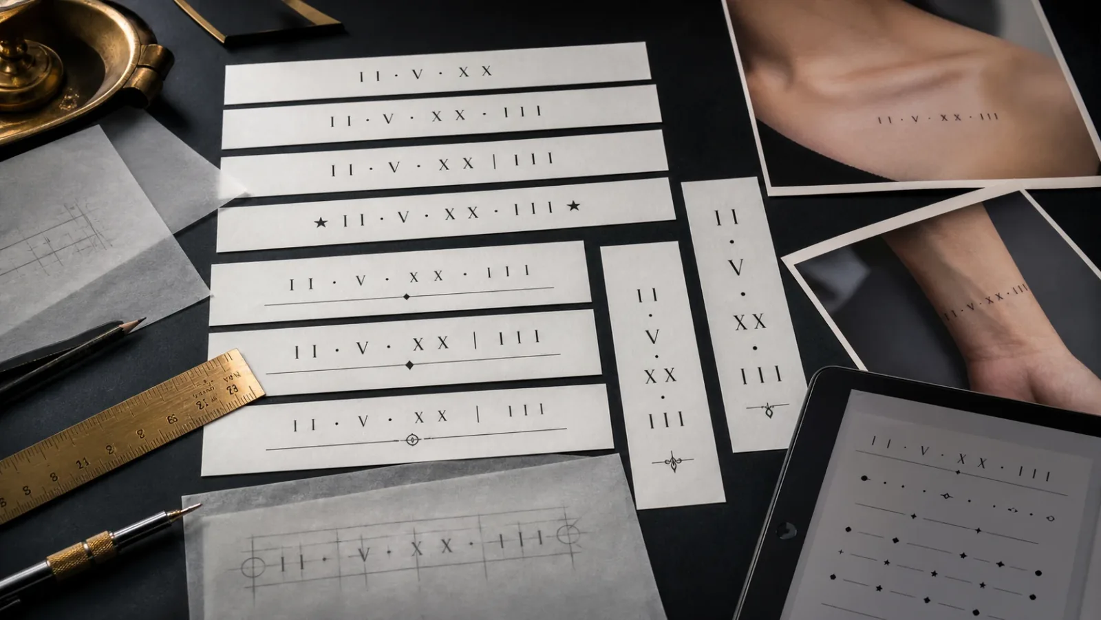 Minimal tattoo code and date layout planning strips