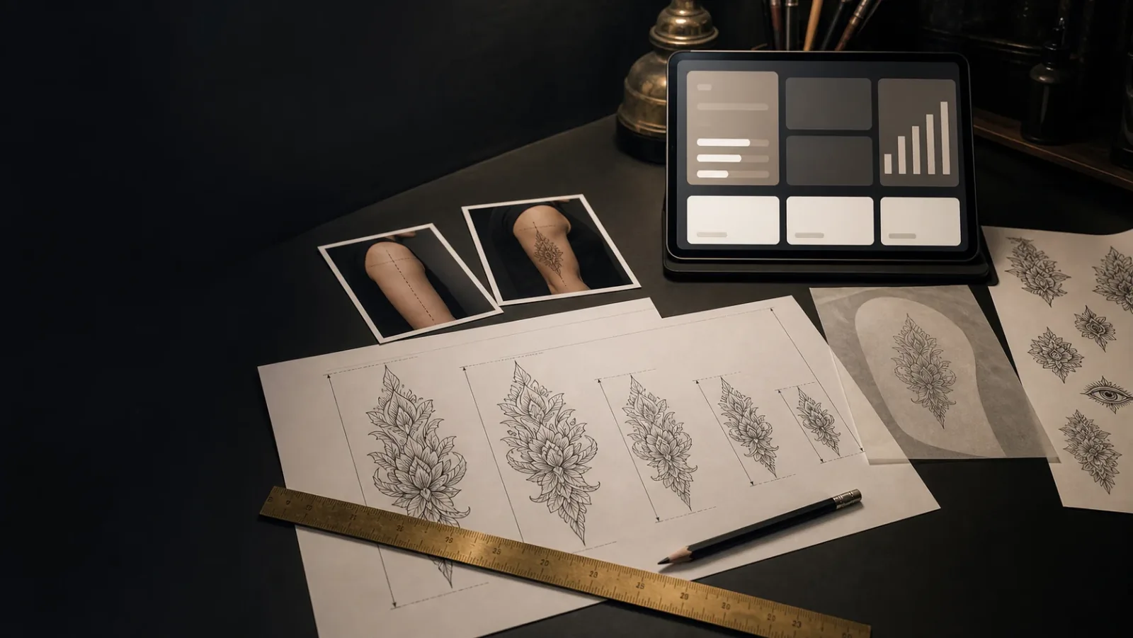 Tattoo size planning with ruler, tablet interface, stencil sheets, and arm preview