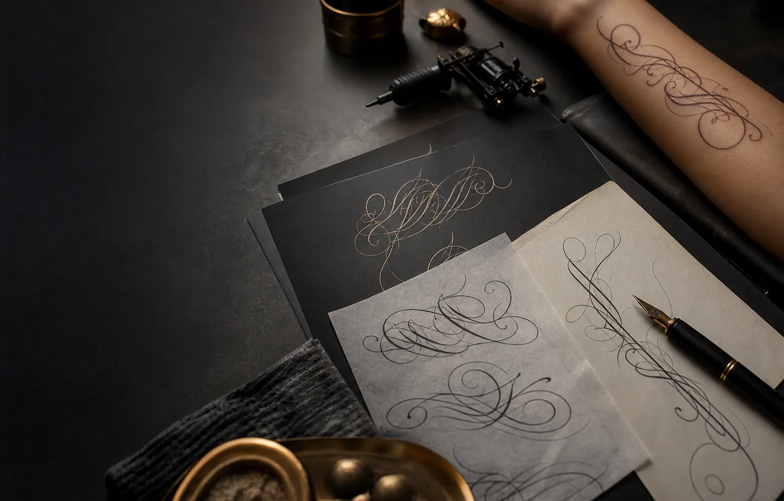 Name tattoo lettering reference on a studio desk