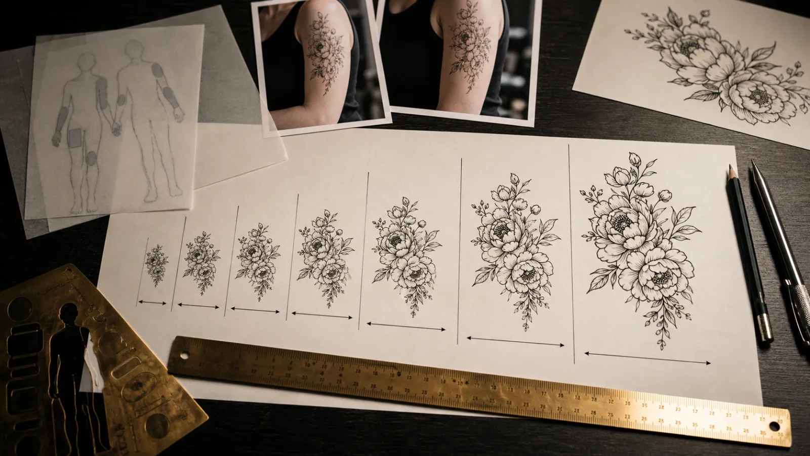 Tattoo size comparison chart with scaled stencil outlines